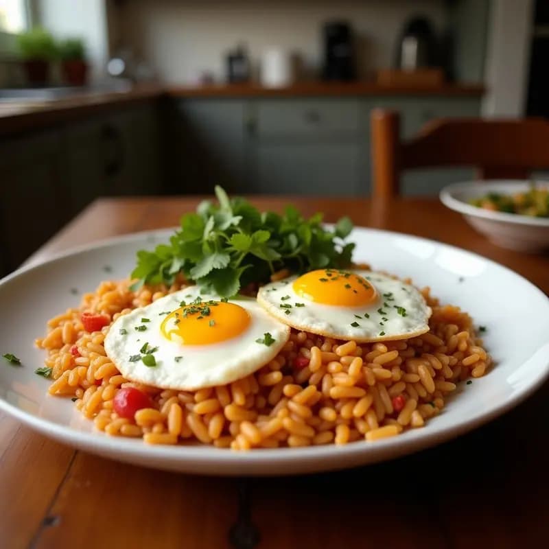 Wok negro con arroz frito dorado, huevos troceados esponjosos y col china en juliana, decorado con semillas de sésamo. Plato tradicional chino adaptado para desayuno, servido en bowl de cerámica blanca sobre fondo de madera.