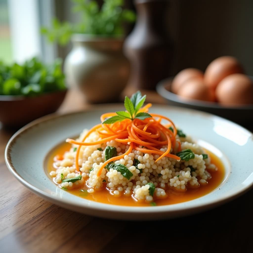 Bol hondo negro con arroz frito de quinoa inflada dorada, verduras coloridas (brócoli morado, pimiento amarillo, zanahoria rallada) salteadas y brillantes, bañadas en salsa teriyaki espesa. Decorado con semillas de sésamo tostadas y cilantro fresco picado. Fondo de madera rústica con tenedor de bambú.