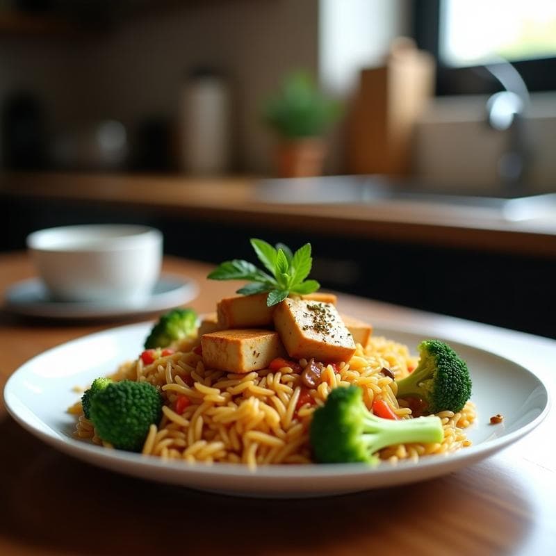 Arroz Frito con Tofu, Brócoli y Salsa de Tamari: Receta Asiática en Airfryer sin Aceite