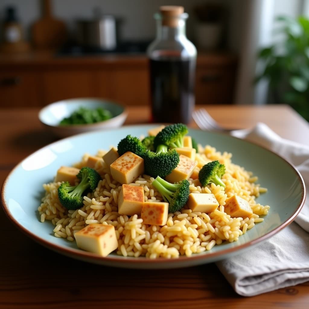 Plato hondo de cerámica negra con arroz frito dorado, tofu crujiente en cubos, brócoli al dente y semillas de sésamo negro, servido con palillos chinos y rodaja de limón. Receta de arroz frito con tofu y brócoli vegano en airfryer.