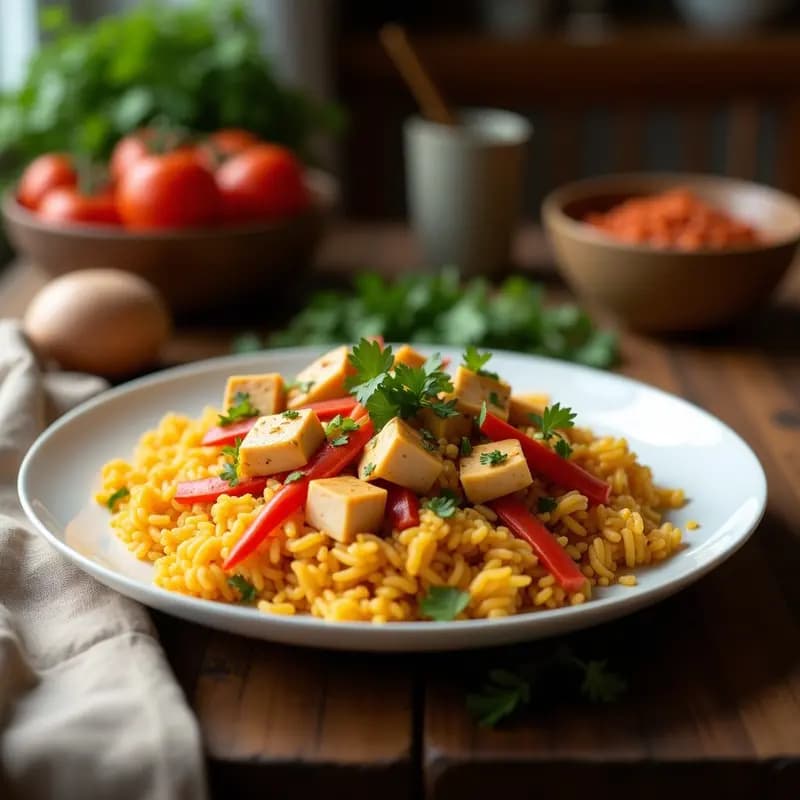 Plato hondo de barro con arroz frito peruano, tofu dorado en cubos, zanahoria, pimiento rojo y guisantes, decorado con cilantro fresco y rodajas de limón. Receta de arroz frito con tofu y vegetales al estilo peruano en olla rápida sin gluten.