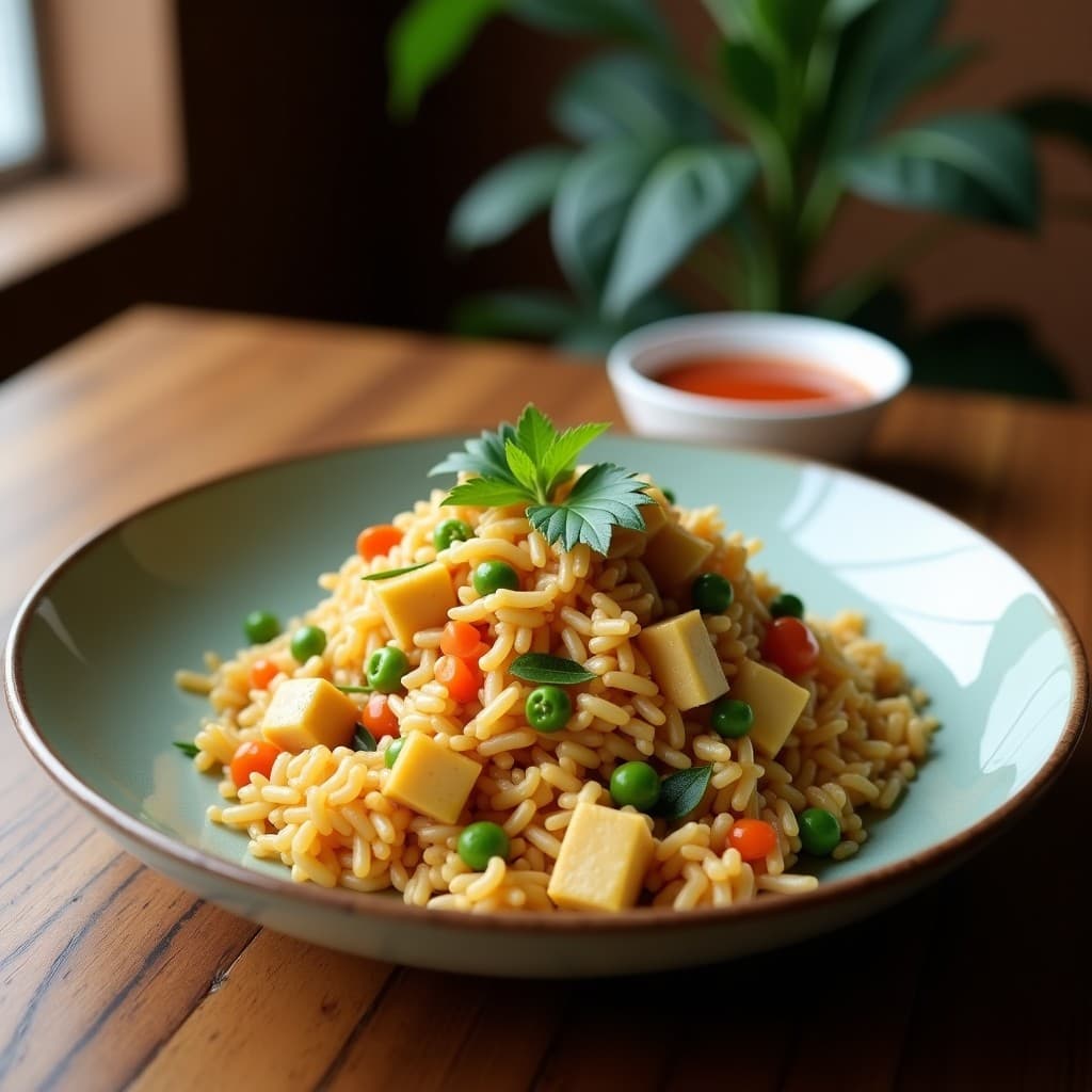 Wok de acero negro con arroz frito dorado, cubos de tofu crujiente, trozos de pimiento rojo, zanahoria y brócoli salteados, espolvoreado con cacahuetes y cebollino, receta china vegana y sin gluten.