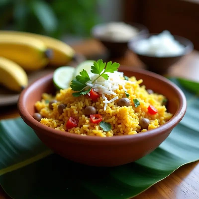 Plato hondo de cerámica blanca con arroz con gandules y cocos vegano, decorado con coco tostado en láminas y cilantro fresco, fondo de hoja de plátano y limón verde.