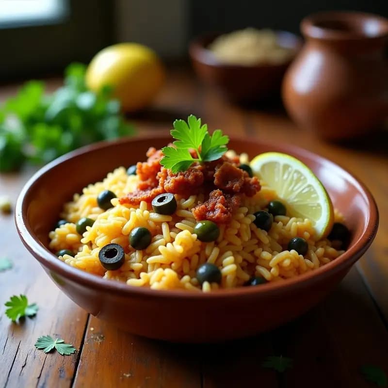 Plato hondo de barro con arroz con gandules y tocino vegano de coco dorado, decorado con aceitunas y cilantro fresco, receta puertorriqueña reinventada.