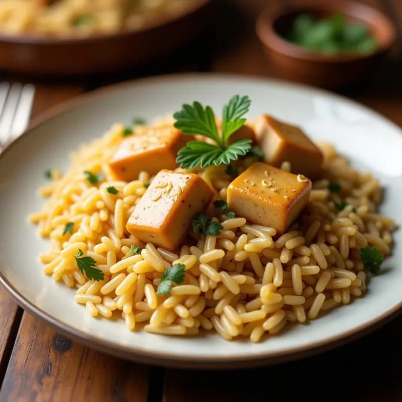 Plato hondo de barro con arroz con gandules y tofu vegano, decorado con culantro fresco y aceitunas verdes, servido sobre una mesa rústica de madera.