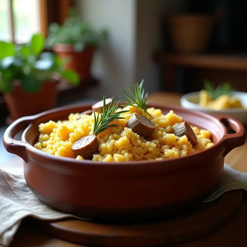 Cazuela de barro humeante con arroz al horno, trozos de conejo dorado y alcachofas tiernas, decorada con romero fresco. Plato tradicional valenciano servido en mesa rústica.