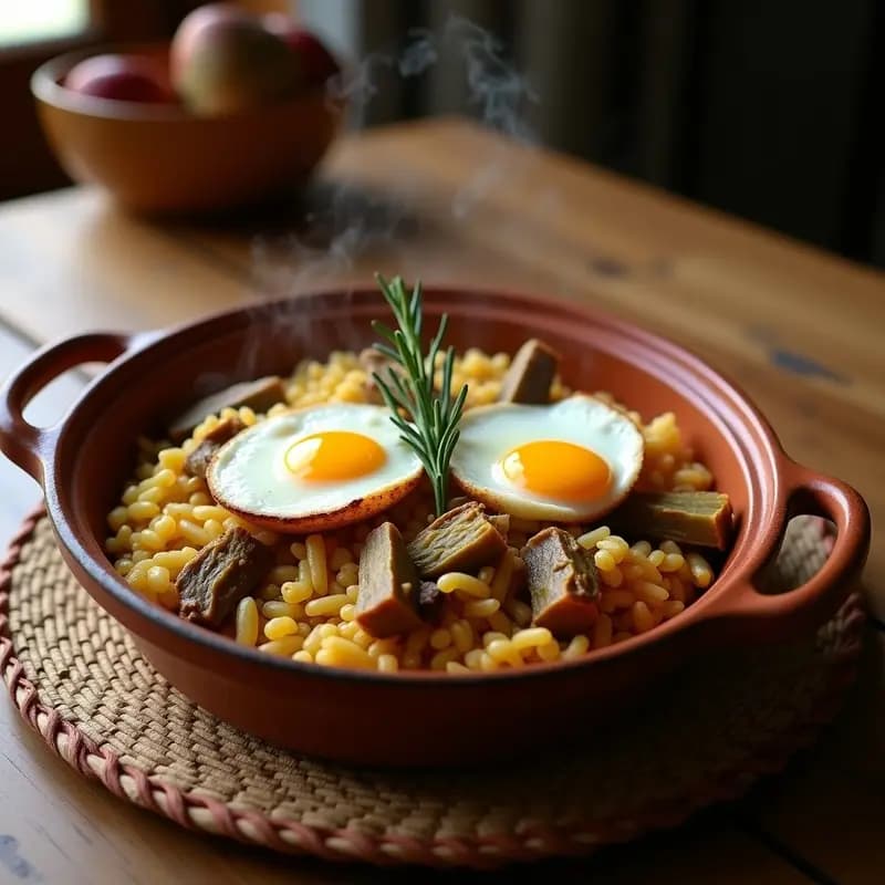 Cazuela de barro humeante con arroz al horno dorado, trozos de costilla de cerdo jugosa, alcachofas tiernas y huevos cuajados en la superficie, receta tradicional valenciana.