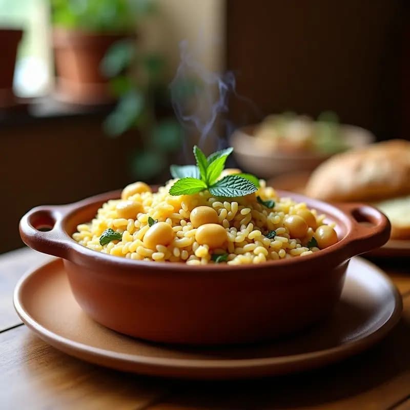 Cazuela de barro humeante con arroz al horno valenciano, alcachofas tiernas, judías blancas y una costra dorada en la superficie, decorado con hojas de hierbabuena.