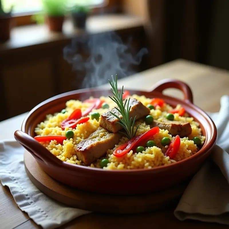 Cazuela de barro humeante con arroz al horno con costillas y alcachofas, costra dorada y trozos de pimiento rojo. Plato tradicional valenciano servido en mesa rústica de madera.