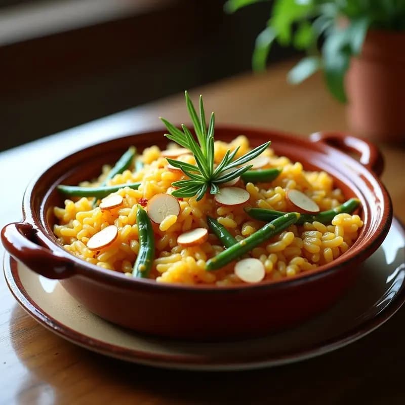 Olla de barro con arroz al horno valenciano dorado, alcachofas tiernas, judías verdes y almendras laminadas. Plato tradicional español sin carne con azafrán y pimentón.