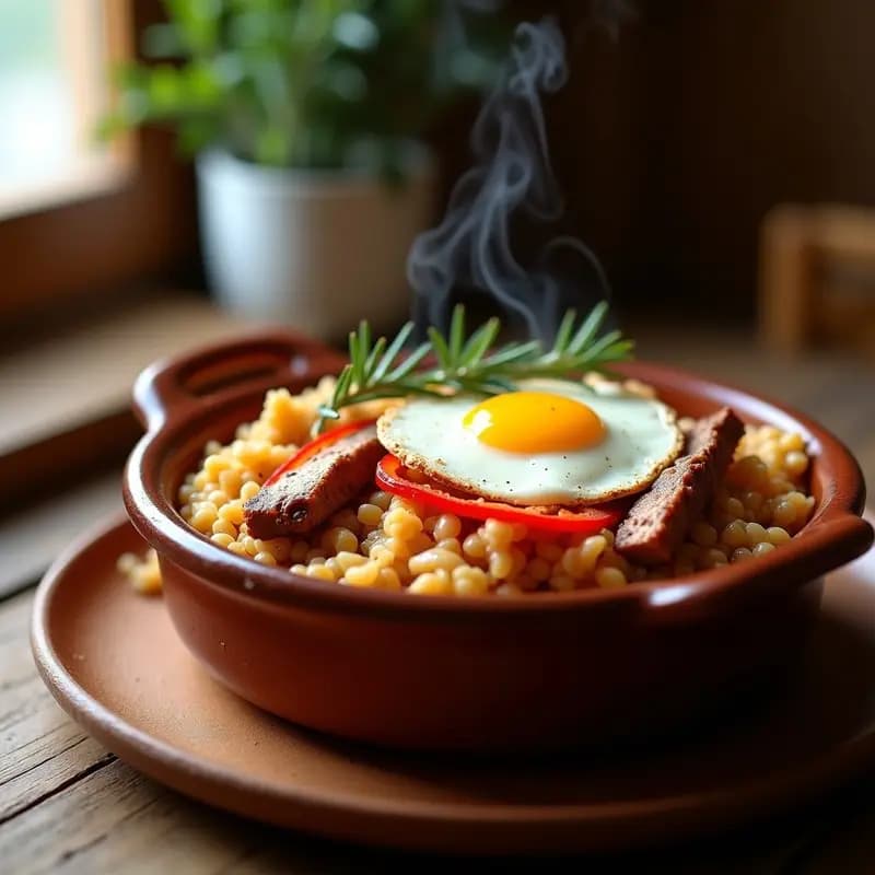 Cazuela de barro humeante con arroz al horno valenciano, garrofó, costillas de cerdo y huevo cuajado en la superficie, decorado con romero fresco. Plato tradicional español para reuniones familiares.