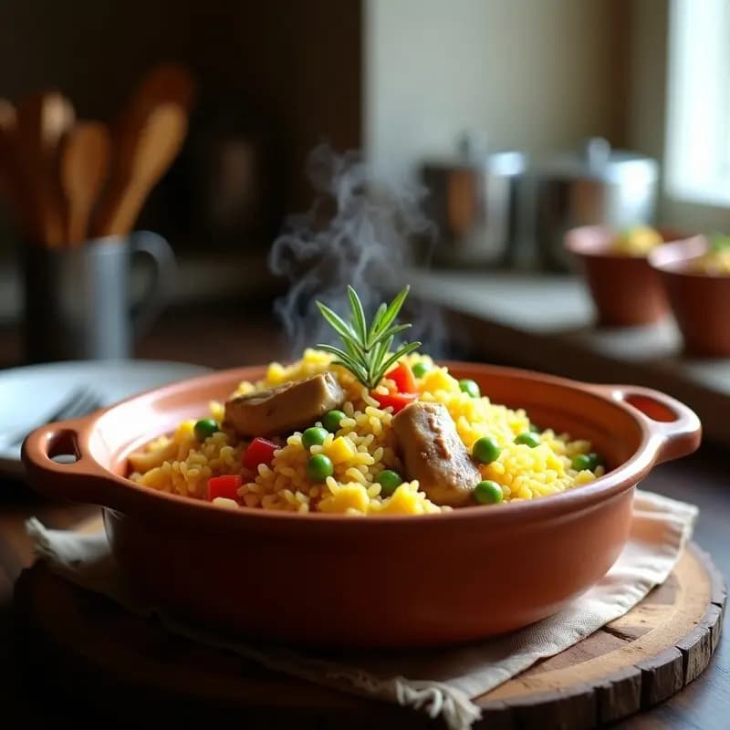 Cazuela de barro humeante con arroz a la mallorquina con conejo y verduras, trozos dorados de conejo, alcachofas, pimientos y guisantes, decorado con una ramita de romero fresco sobre fondo rústico de madera.