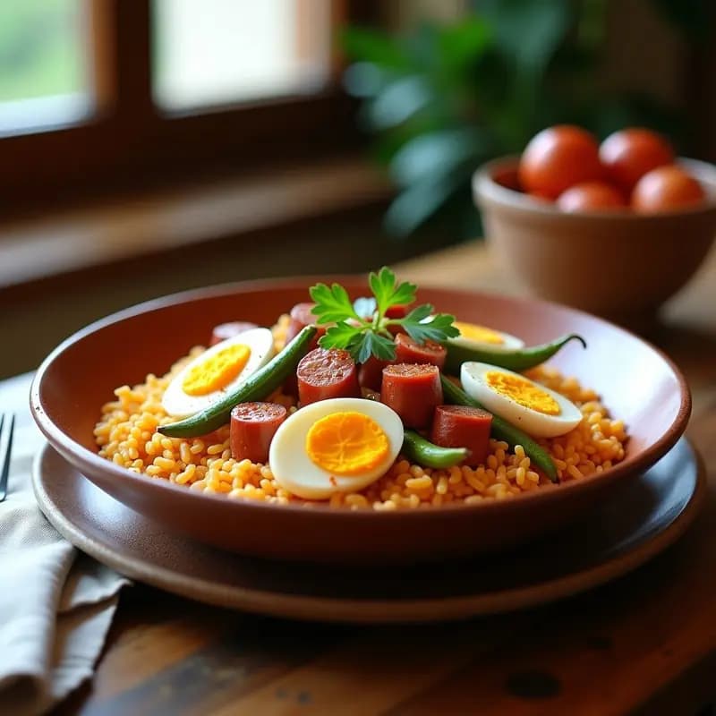 Plato hondo de barro con arroz a la mallorquina, tirabeques verdes, trozos de sobrasada y huevo duro en cuartos, decorado con pimentón y perejil fresco.