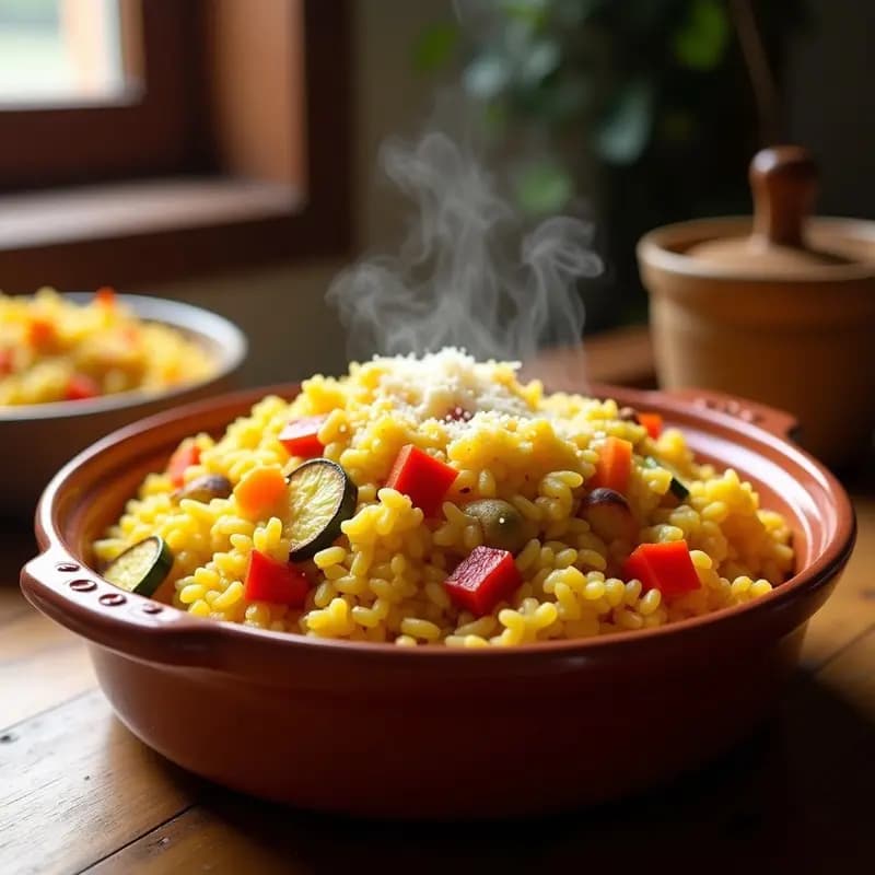 Cazuela de barro humeante con arroz a la milanesca con azafrán y verduras, cubierto de queso parmesano rallado, servido en una mesa rústica de madera.