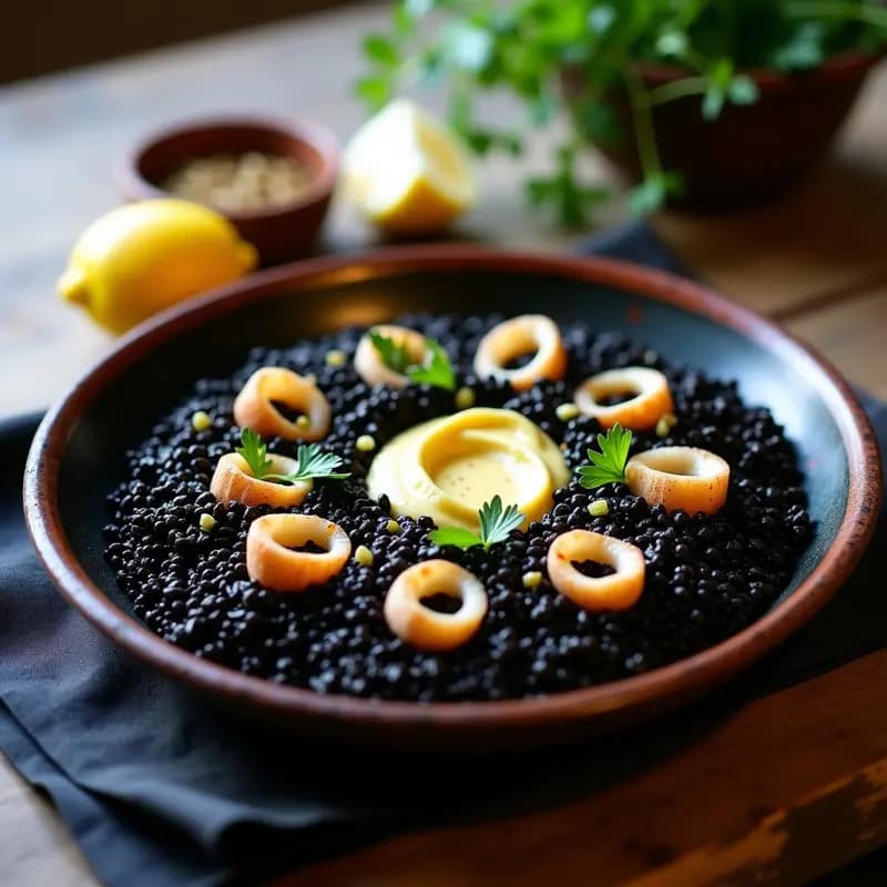 Plato hondo de barro con arroz negro brillante, decorado con anillos de calamar y una cucharada de aioli trufado en el centro, espolvoreado con perejil fresco y gajos de limón al lado.