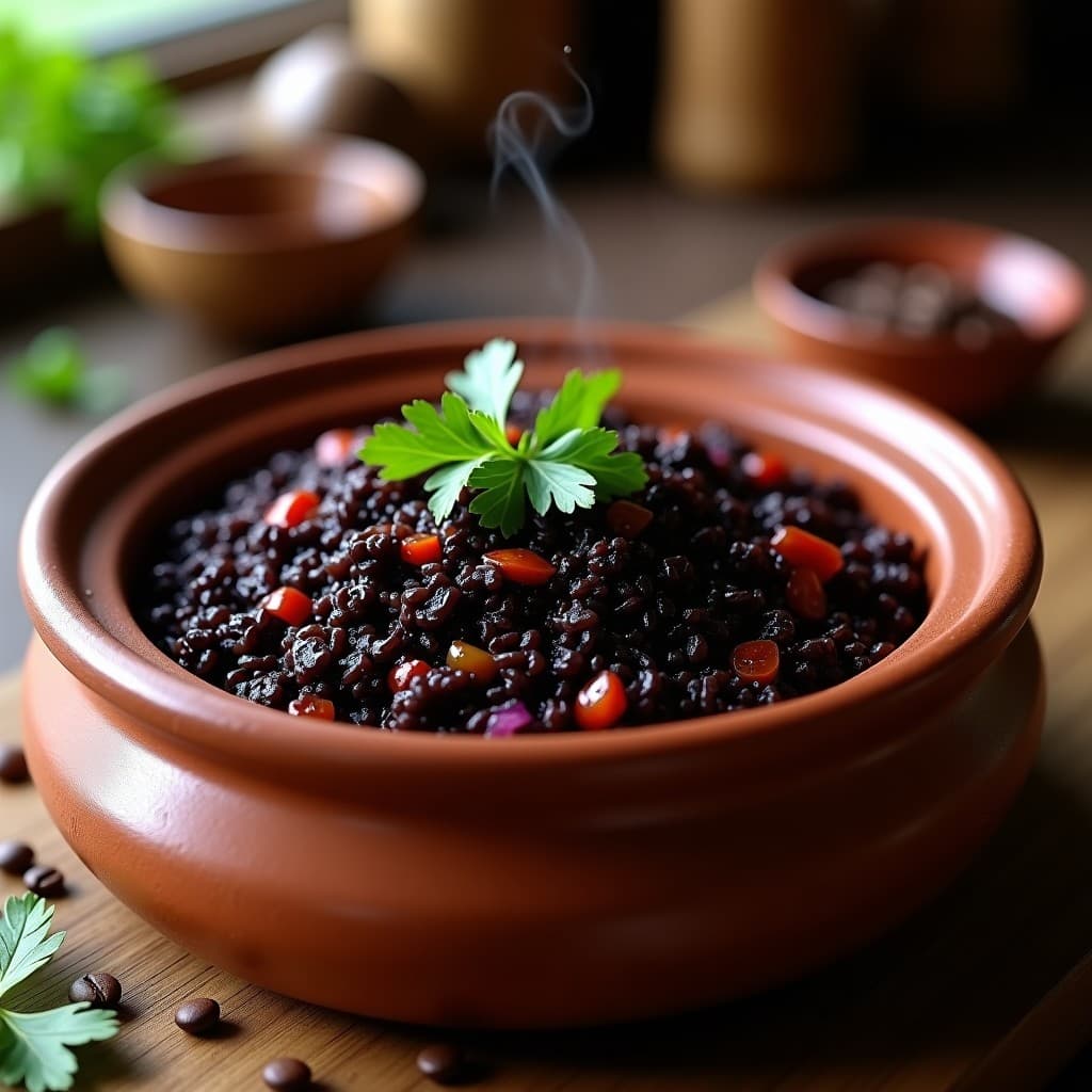 Olla de barro con arroz negro cafetero colombiano, de color oscuro intenso, acompañada de cebolla morada y pimentón asomando entre los granos. Plato tradicional con textura húmeda y brillante.