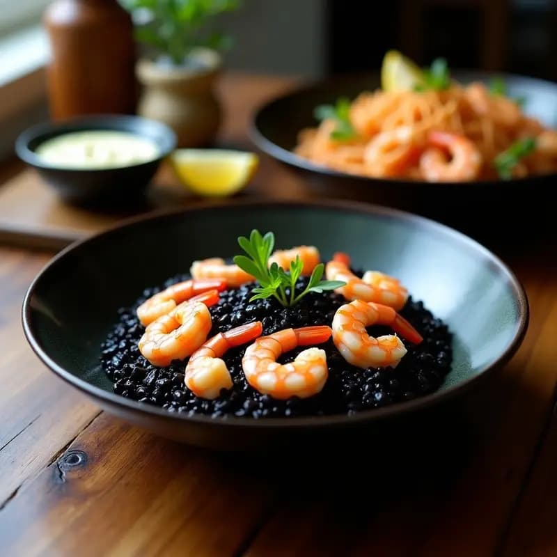 Plato hondo de barro negro con arroz negro brillante, gambas rosadas y alioli cremoso en un cuenco pequeño, adornado con perejil fresco y gajos de limón.