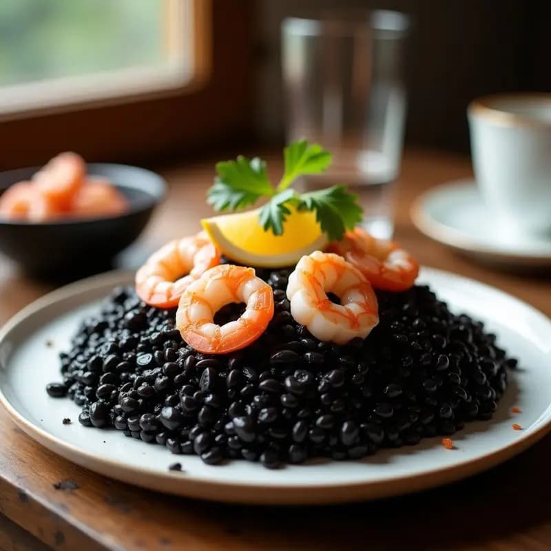 Plato hondo negro con arroz negro con tinta de calamar, calamares en anillos y gambas, decorado con rodajas de limón y perejil fresco, receta thermomix.