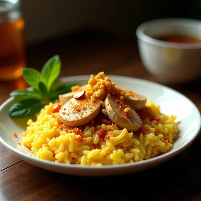 Plato hondo de cerámica blanca con arroz con pollo y azafrán al estilo persa, mostrando capas doradas de arroz basmati, trozos de pollo marinado en especias, almendras fileteadas tostadas y pasas doradas. El plato tiene un tahdig crujiente en la base y está decorado con hebras de azafrán y hojas de menta fresca.