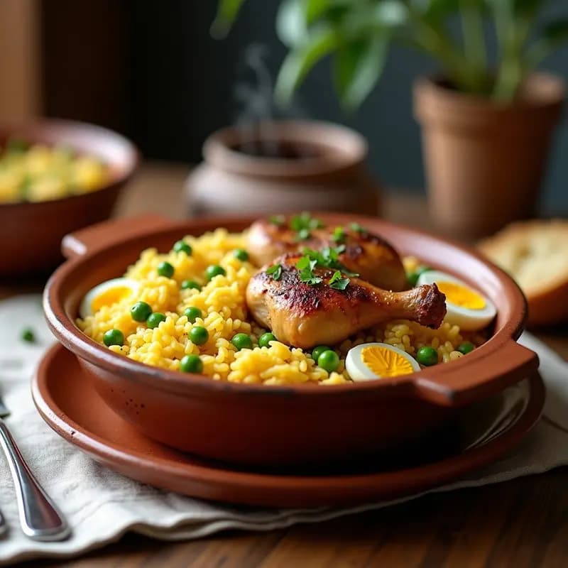 Cazuela de barro humeante con arroz con pollo y azafrán, trozos de pollo dorado, guisantes verdes y el característico color amarillo del azafrán. Plato tradicional español servido en porción generosa.