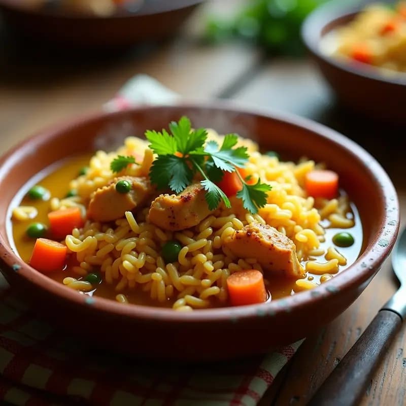 Plato hondo de barro con arroz con pollo colombiano en olla lenta, mostrando granos de arroz dorados, trozos de pollo desmenuzado, zanahorias, guisantes y cilantro fresco. Fondos de caldo amarillo y especias visibles.
