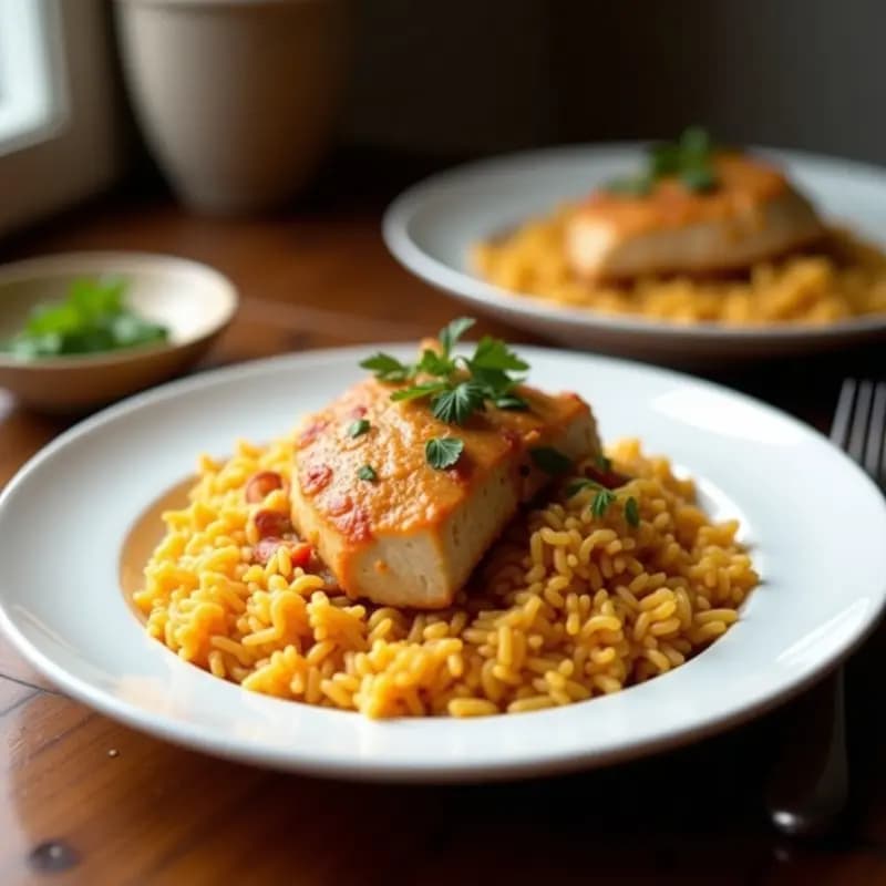 Olla de barro humeante con arroz con pollo y costilla valenciana, muslos dorados, costillas jugosas y arroz meloso con hebras de azafrán, decorado con rodajas de limón y romero fresco.