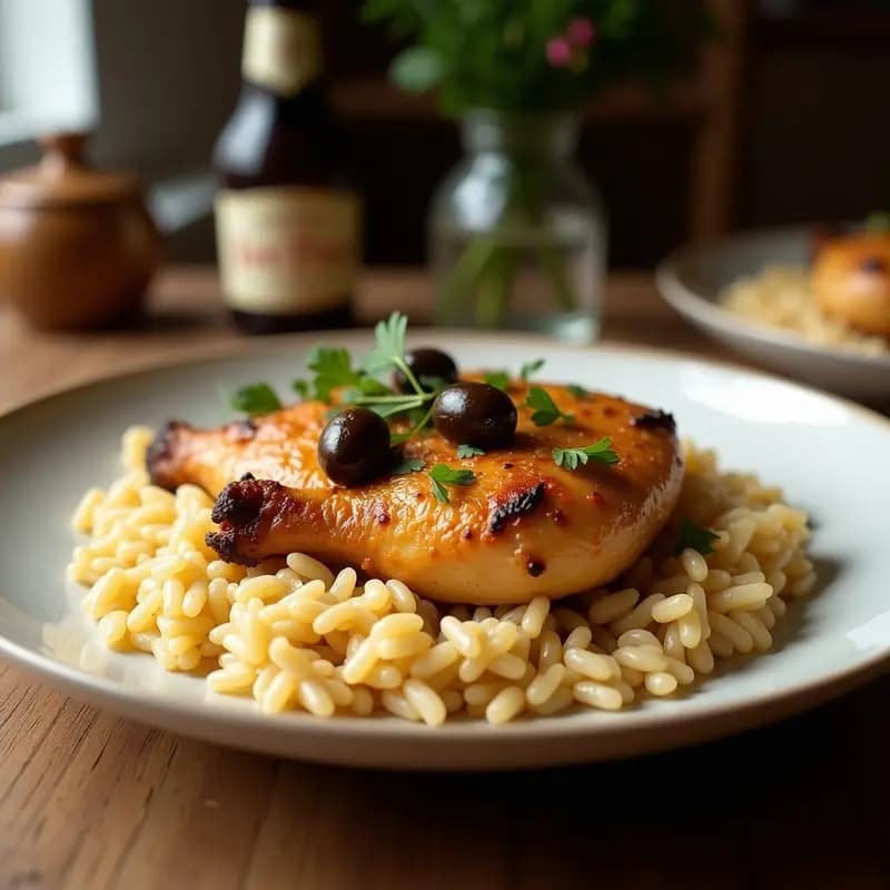 Olla de barro con arroz con pollo estilo Puerto Rico, muslos dorados sobre arroz amarillo esponjoso, salpicado de alcaparras, aceitunas verdes y cilantro fresco. Plato tradicional caribeño humeante y colorido.