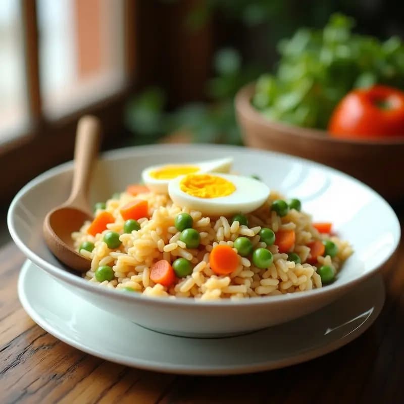 Plato hondo blanco con arroz con pollo y verduras para niños, mostrar trozos de pollo desmenuzado, zanahoria, pimiento verde y guisantes, decorado con rodajas de huevo duro, con un fondo rústico de madera.