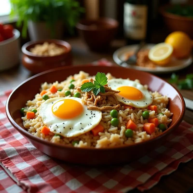 Plato hondo de barro con arroz con pollo y verduras a la cubana, huevos fritos encima, guisantes, zanahoria y pimiento verde. Receta casera de aprovechamiento.