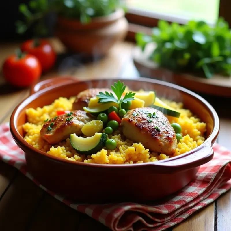 Plato hondo de barro con arroz con pollo y verduras al estilo de la huerta, muslos de pollo dorados, guisantes, judías verdes y huevo duro en cuartos, decorado con perejil fresco.