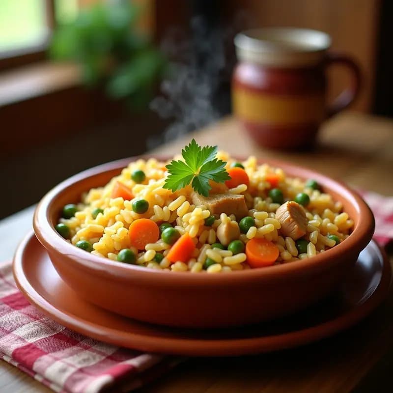 Plato hondo de barro con arroz con pollo y verduras en olla GM, mostrando trozos de pollo dorado, zanahoria, pimiento y guisantes, todo bien mezclado y con un color dorado gracias al azafrán.