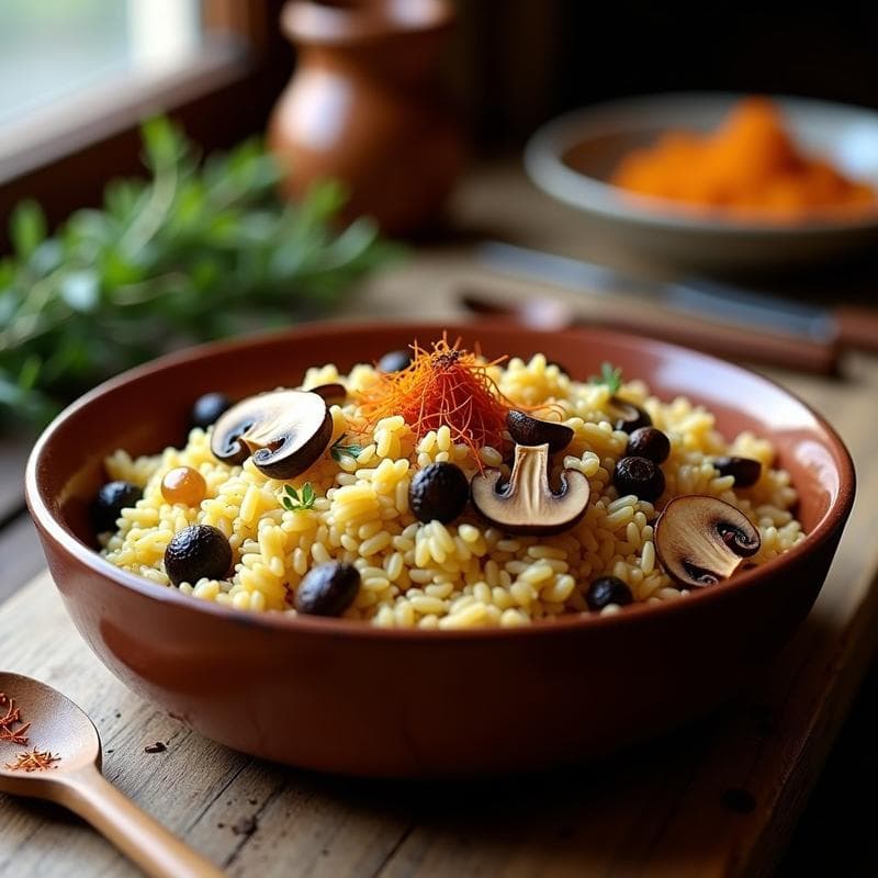 Plato hondo de barro con arroz salvaje de color oscuro mezclado con champiñones silvestres y portobello, bañado en un caldo dorado por el azafrán. Acompañado de una rama de romero fresco y una pizca de azafrán en hebras sobre la mesa de madera rústica. Receta española de montaña en olla GM.