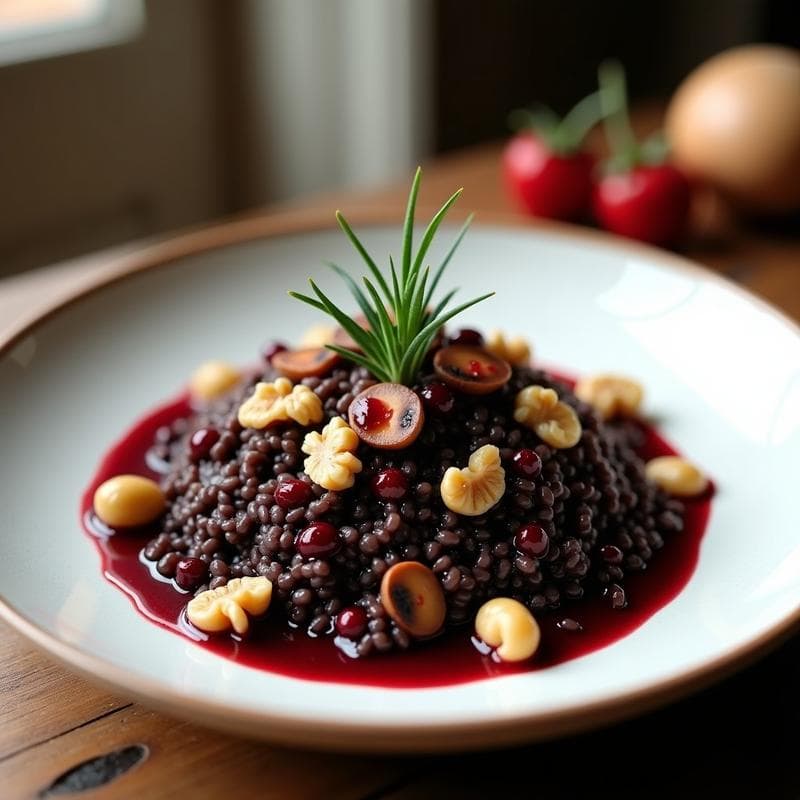 Plato hondo de cerámica blanca con arroz salvaje de color oscuro mezclado con champiñones portobello dorados, nueces picadas y bañado con una reducción brillante de vino de arándanos. Decorado con una rama de romero fresco sobre fondo de madera rústica.