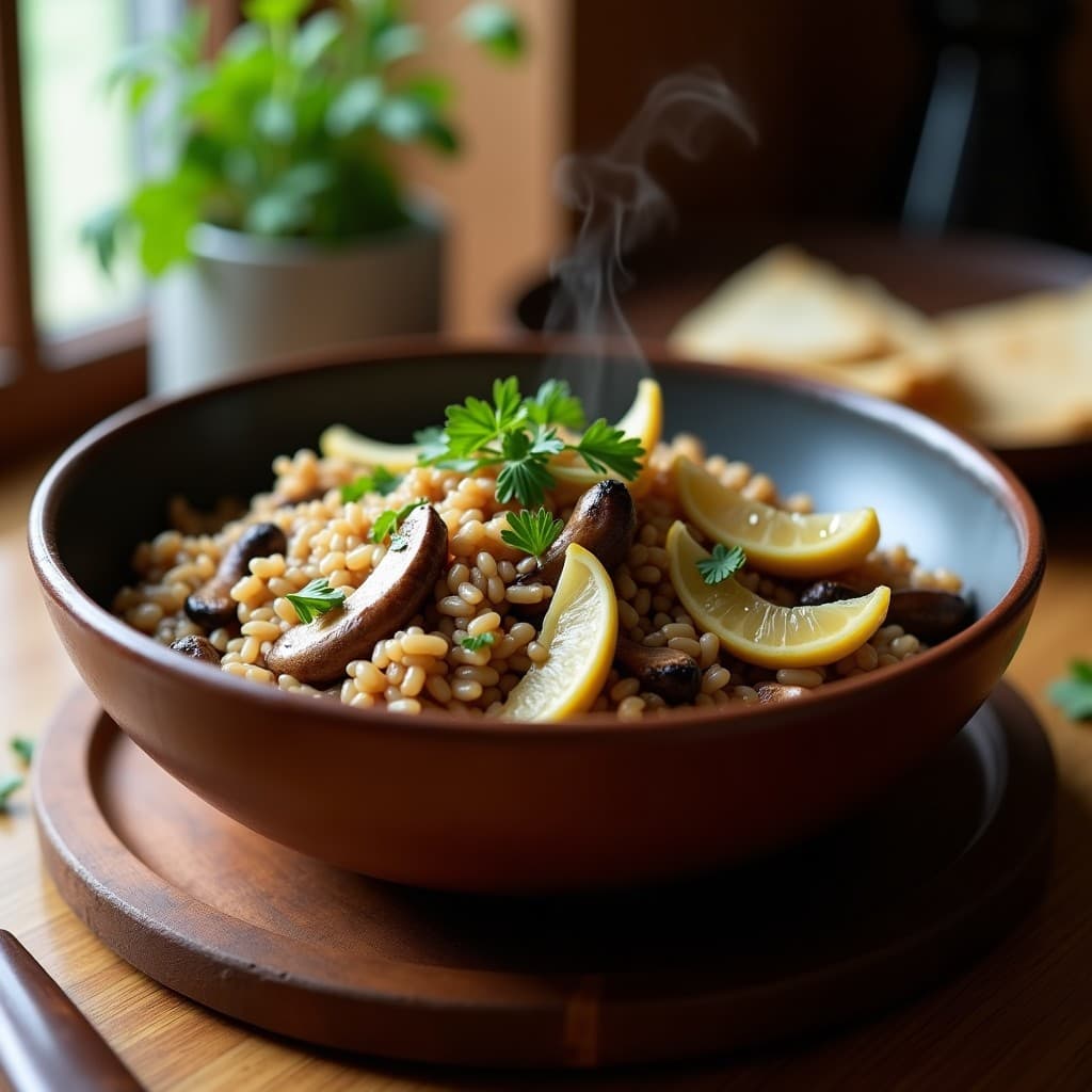 Plato hondo de barro con arroz salvaje de color oscuro mezclado con láminas doradas de setas shitake y cuartos de alcachofas tiernas. Decorado con perejil fresco y un hilo de aceite de oliva. Receta sin gluten en olla lenta.
