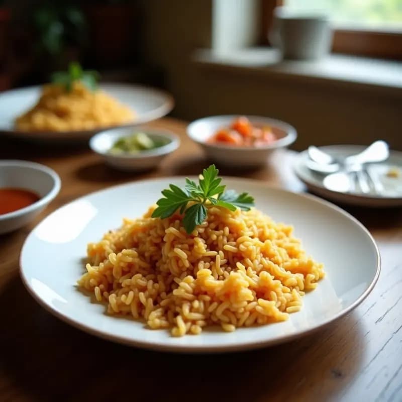 Plato hondo de barro con arroz salvaje de color oscuro mezclado con láminas doradas de setas portobello y champiñones, teñido por el azafrán. Acompañado de perejil fresco picado y servido sobre un mantel rústico de lino. Receta tradicional española de arroz salvaje con setas y azafrán en olla exprés.