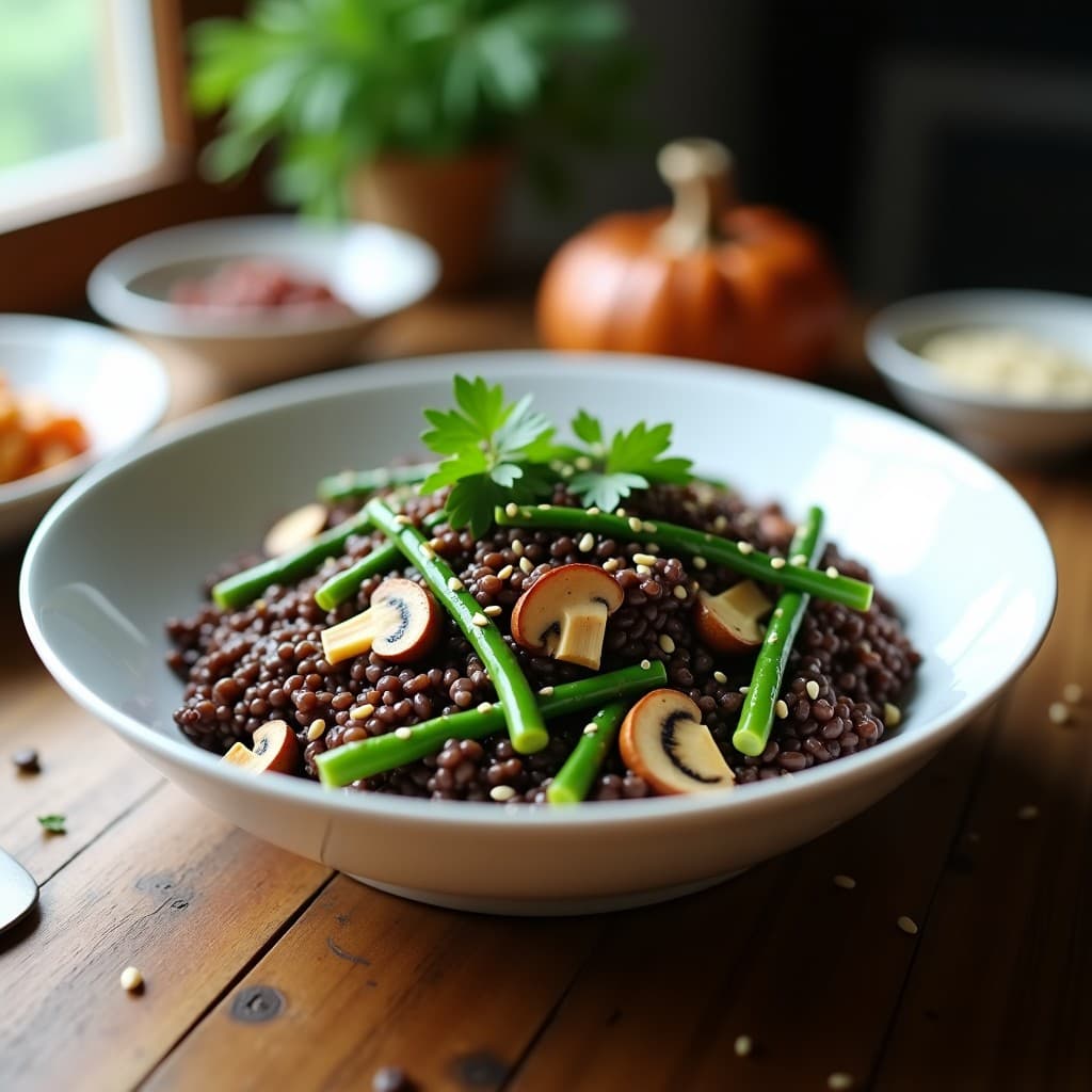 Plato hondo de cerámica blanca con arroz salvaje de color oscuro mezclado con láminas doradas de setas shitake y trozos de espárragos verdes. Decorado con semillas de sésamo tostadas y perejil fresco. Receta baja en calorías preparada en Thermomix.