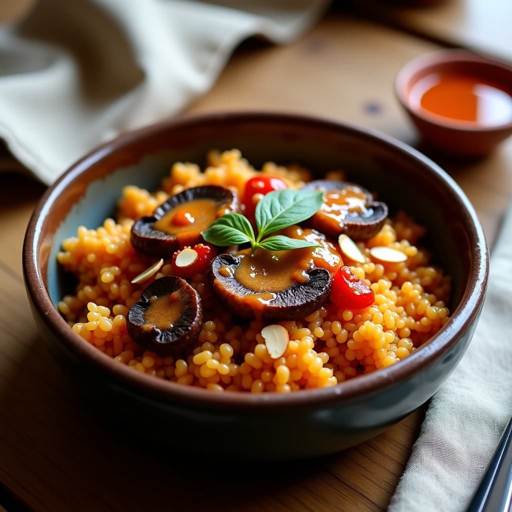 Plato hondo de barro con arroz salvaje al dente, setas portobello doradas y salsa romesco cremosa de color rojizo, decorado con almendras fileteadas y un hilo de aceite de oliva virgen extra. Receta catalana vegana en olla express.