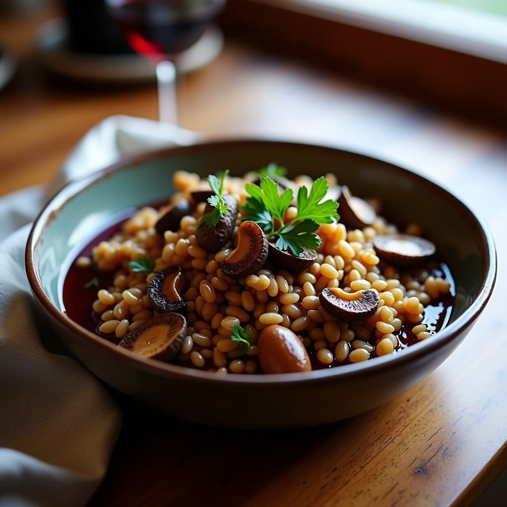 Plato hondo de barro con arroz salvaje oscuro mezclado con láminas de setas silvestres, bañado en una salsa oscura de vino tinto. Decorado con ramitas de tomillo fresco y servido sobre un mantel rústico. Receta de arroz salvaje con setas y vino tinto en olla lenta.