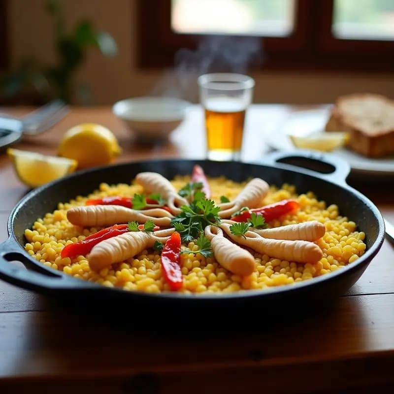 Paellera de hierro negro con arroz cremoso y dorado, trozos de chipirones (things) frescos, pimiento rojo asado y perejil picado. Receta tradicional balear de mar y montaña.