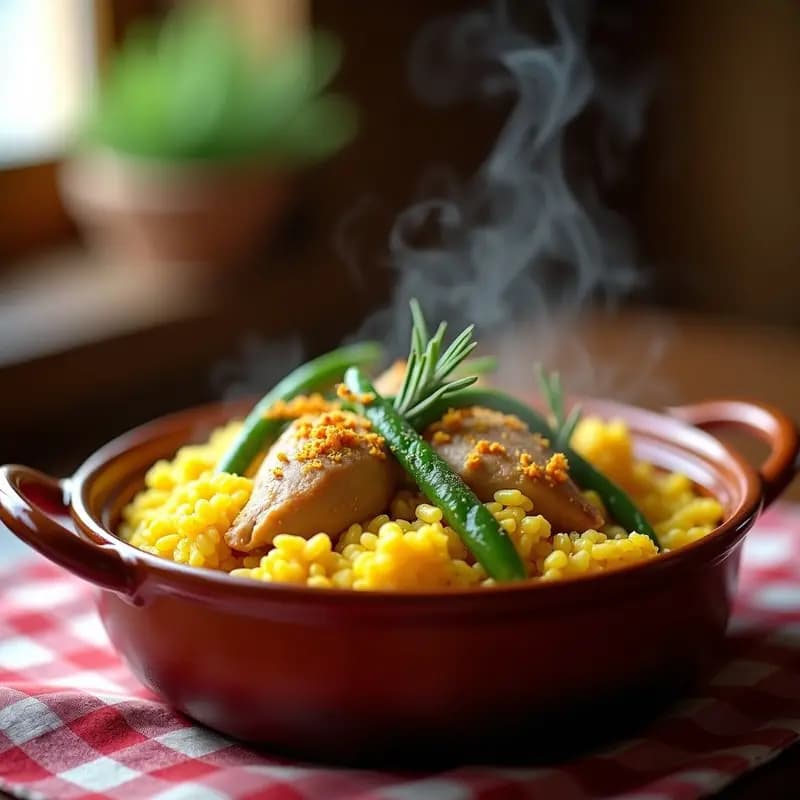 Cazuela de barro humeante con arroz con things y conejo, dorado por el azafrán, trozos de conejo tierno y habas verdes, decorado con romero fresco. Receta tradicional de interior valenciana.