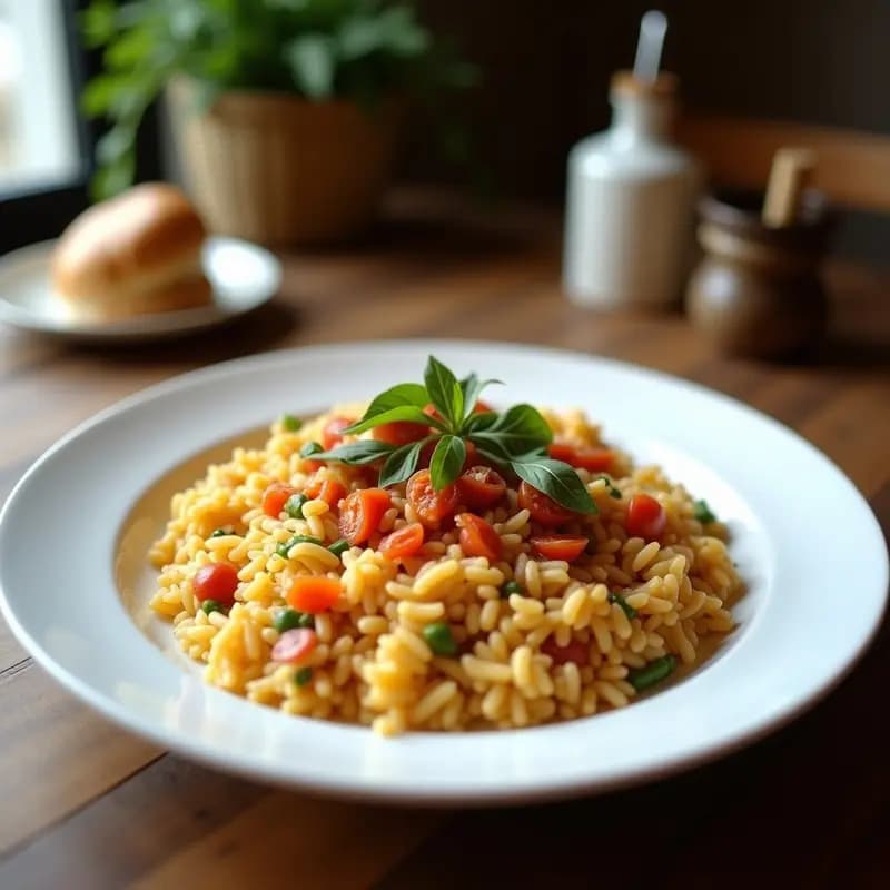 Paellera de barro con arroz con things de la huerta, mezcla de calabacín, pimiento verde y judías verdes en trozos, bañado en caldo dorado con azafrán, servido con cuchara de madera.