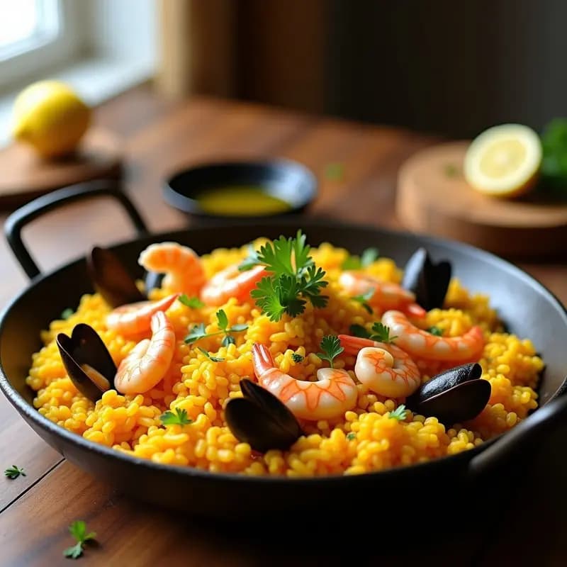 Paellera con arroz con things de marisco y azafrán, decorado con perejil fresco, gambas y calamares, servido en una mesa rústica con limón y pan.