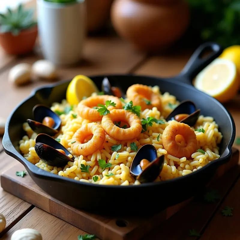 Sartén de hierro con arroz meloso, things de calamar en anillos dorados y mejillones abiertos en su concha, decorado con perejil fresco y limón. Receta de arroz con things y mejillones típica de la costa catalana.