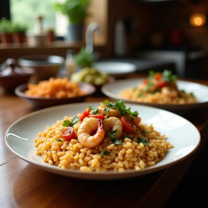 Wok negro brillando con Arroz Three Deluxe: arroz blanco salteado con trozos dorados de pollo, gambas rosadas, brócoli verde vibrante, zanahoria naranja y pimiento rojo, decorado con cacahuetes tostados y cebollino fresco. Plato tradicional chino rápido y nutritivo.
