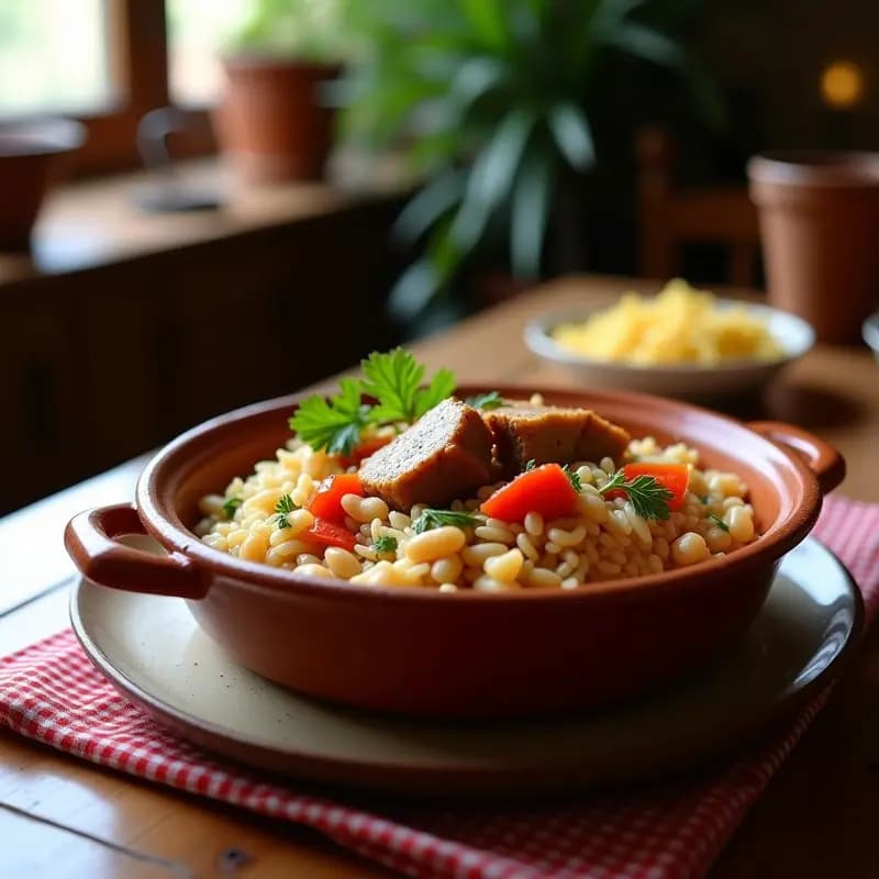Olla de barro humeante con arroz a la valenciana, costillas doradas, garrofó y verduras, típico plato rural español.