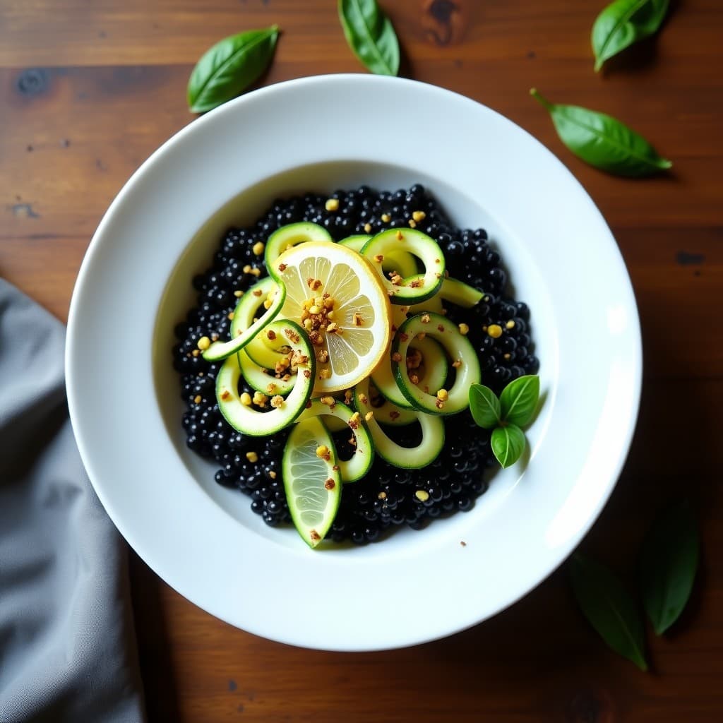 Plato hondo de cerámica blanca con arroz Venere negro, espirales de calabacín verde claro, pistachos tostados dorados y rodajas de limón. Receta italiana keto en Thermomix, servida con un chorrito de aceite de oliva.