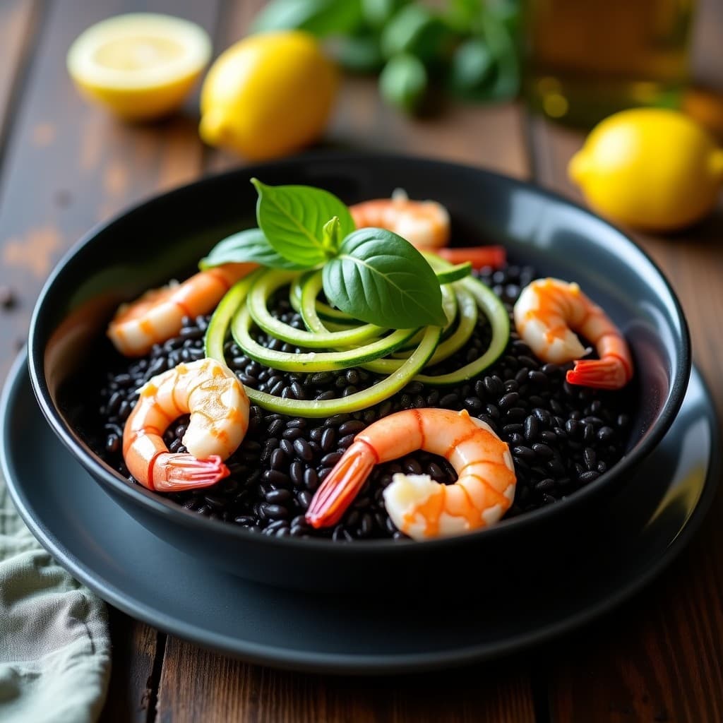 Plato hondo de cerámica negra con Arroz Venere negro brillante, láminas de calabacín verde salteado en espiral y gambas rosadas al ajo. Decorado con hojas de albahaca fresca y una rodaja de limón amarillo. Receta italiana sin gluten.