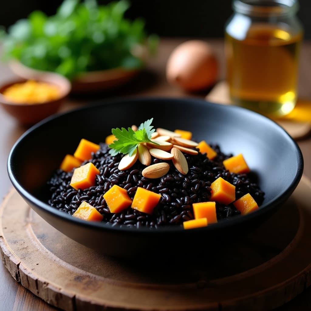 Plato hondo de cerámica negra con arroz Venere de color oscuro, cubos dorados de calabaza butternut, almendras fileteadas tostadas y perejil fresco espolvoreado. Receta de arroz Venere con calabaza y azafrán en olla exprés vegana y sin lactosa.