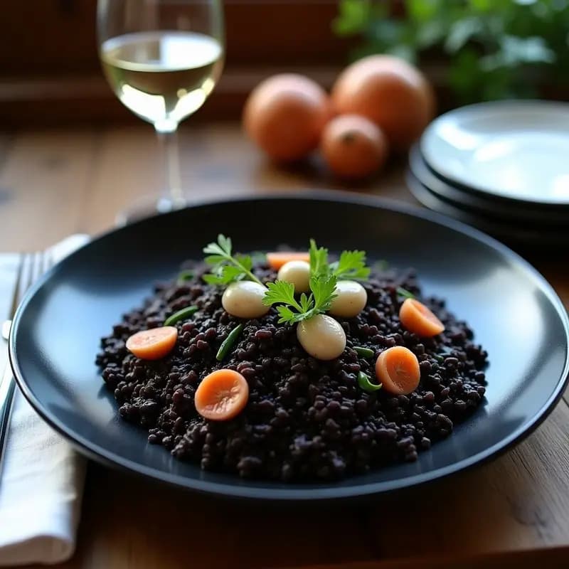Plato hondo negro con arroz Venere brillante y oscuro, trozos de sepia tierno y perejil fresco verde. Receta italiana gourmet de arroz con tinta de calamar y sepia en olla exprés.