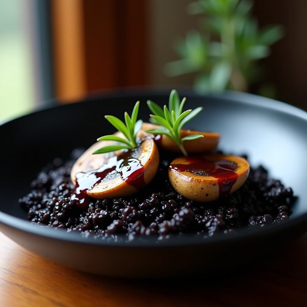Plato hondo de cerámica negra con arroz Venere negro brillante, láminas doradas de setas Portobello y una reducción de vino tinto oscura. Decorado con hojas de romero fresco y un hilo de aceite de oliva virgen extra.